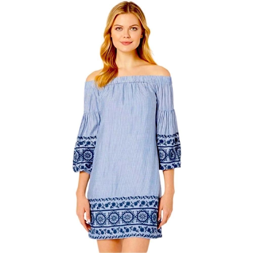 Vince Camuto Off The Shoulder Embroidered Stripe
Shift Dress, Size 6, White/Blue